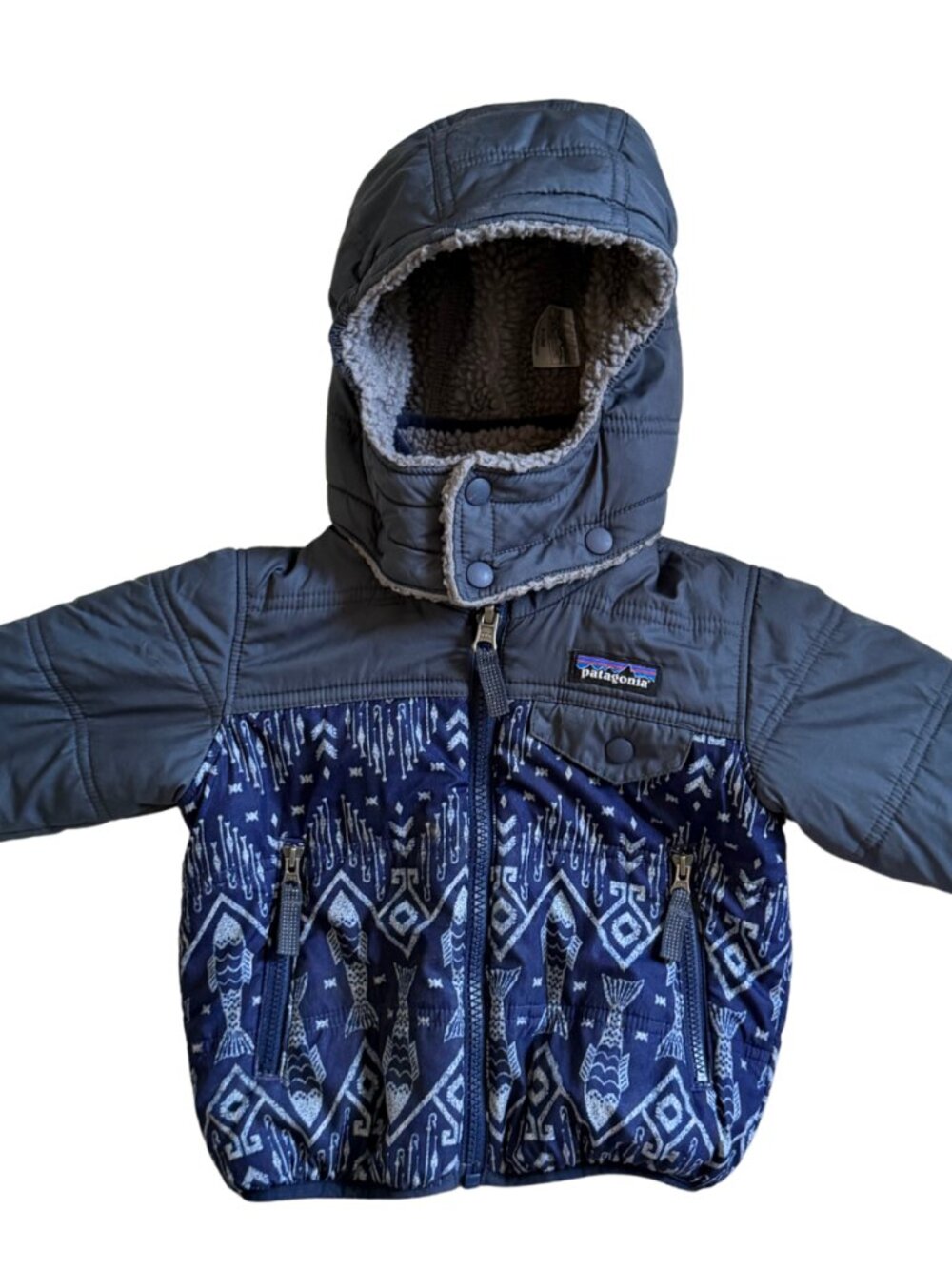 Patagonia - Baby Reversible Tribbles Hoody Navy Geometric Print 6-12M